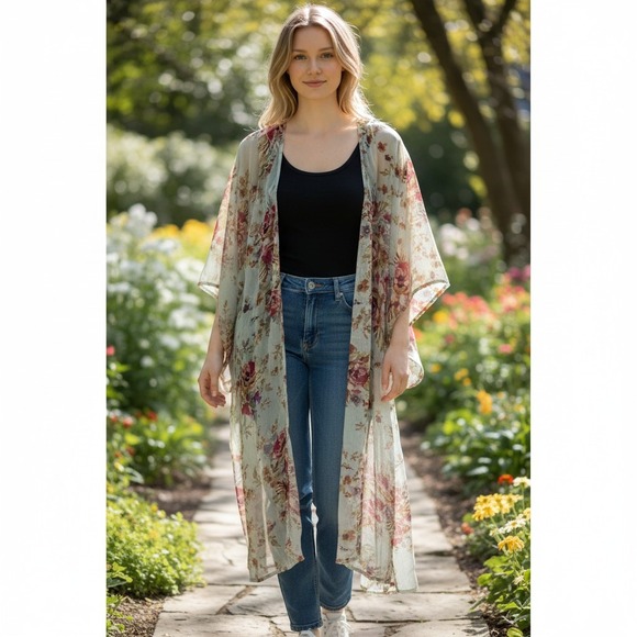Xhilaration Tops - Sheer Floral Kimono Robe Long Duster Open Front Festival Sage Pink Whimsygoth S
